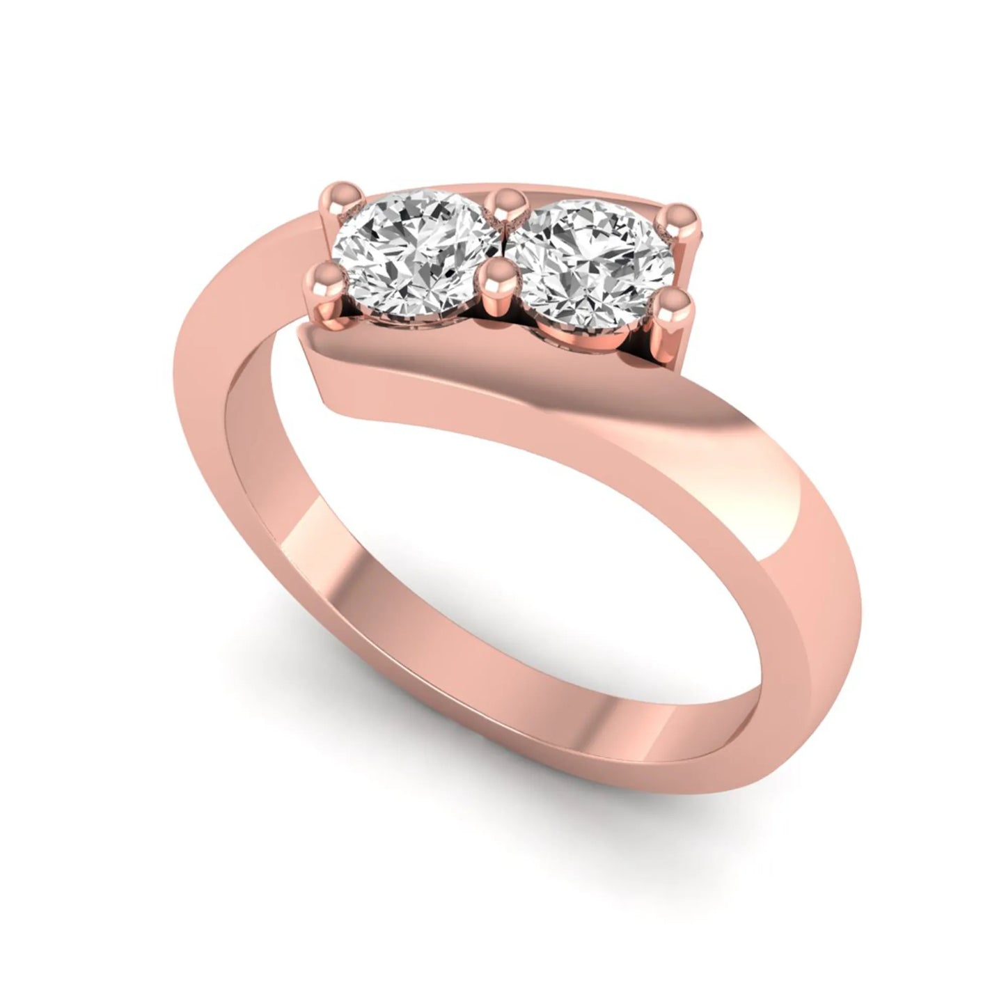 Two stone round cut lab grown diamond bypass ring featuring a graceful crossover rose gold band