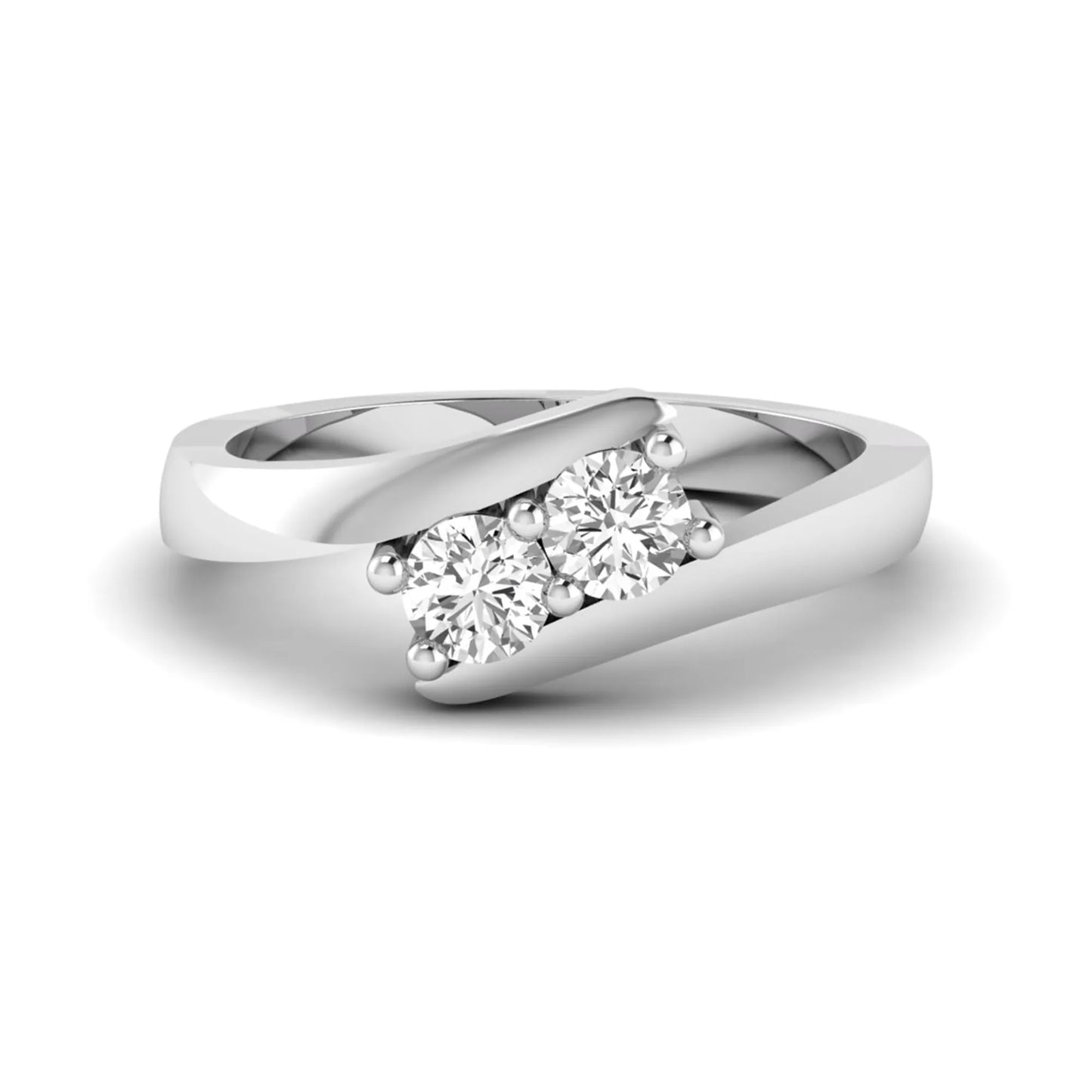 Two stone round cut lab grown diamond bypass ring featuring a graceful crossover white gold band