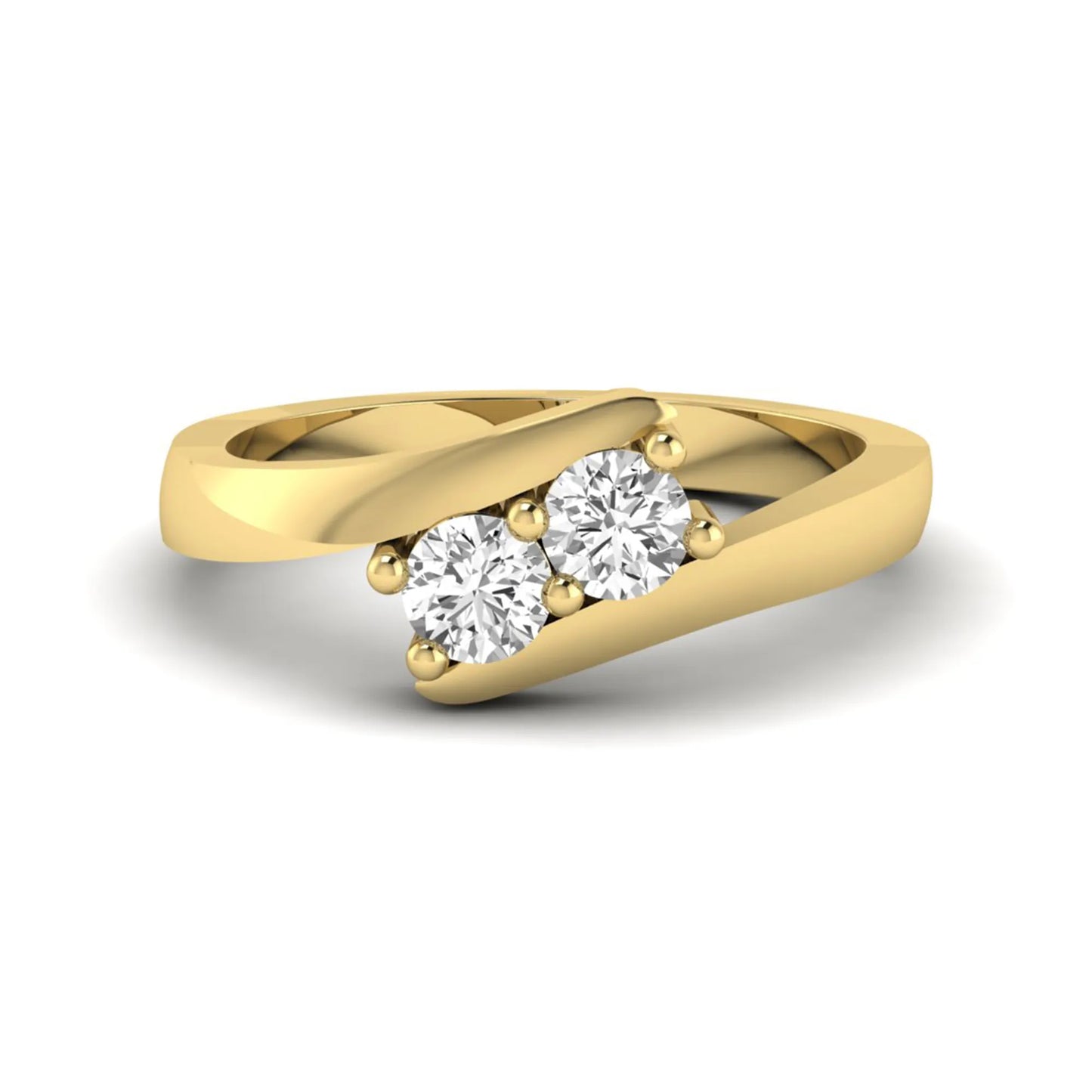 Two stone round cut lab grown diamond bypass ring featuring a graceful crossover yellow gold band