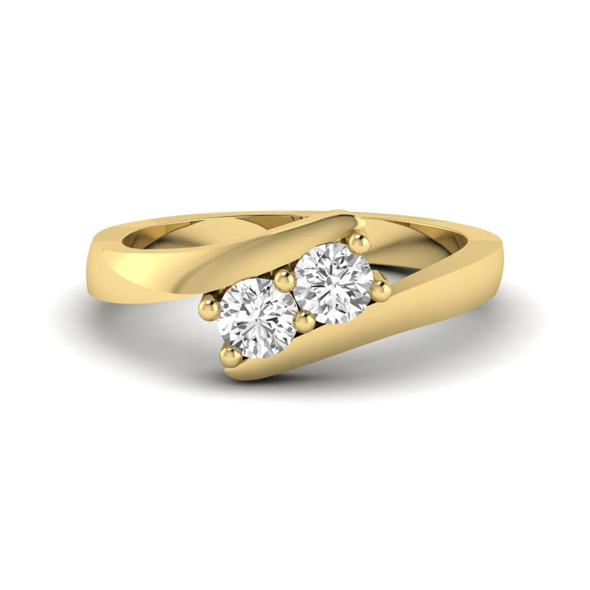 Two stone round cut lab grown diamond bypass ring featuring a graceful crossover yellow gold band
