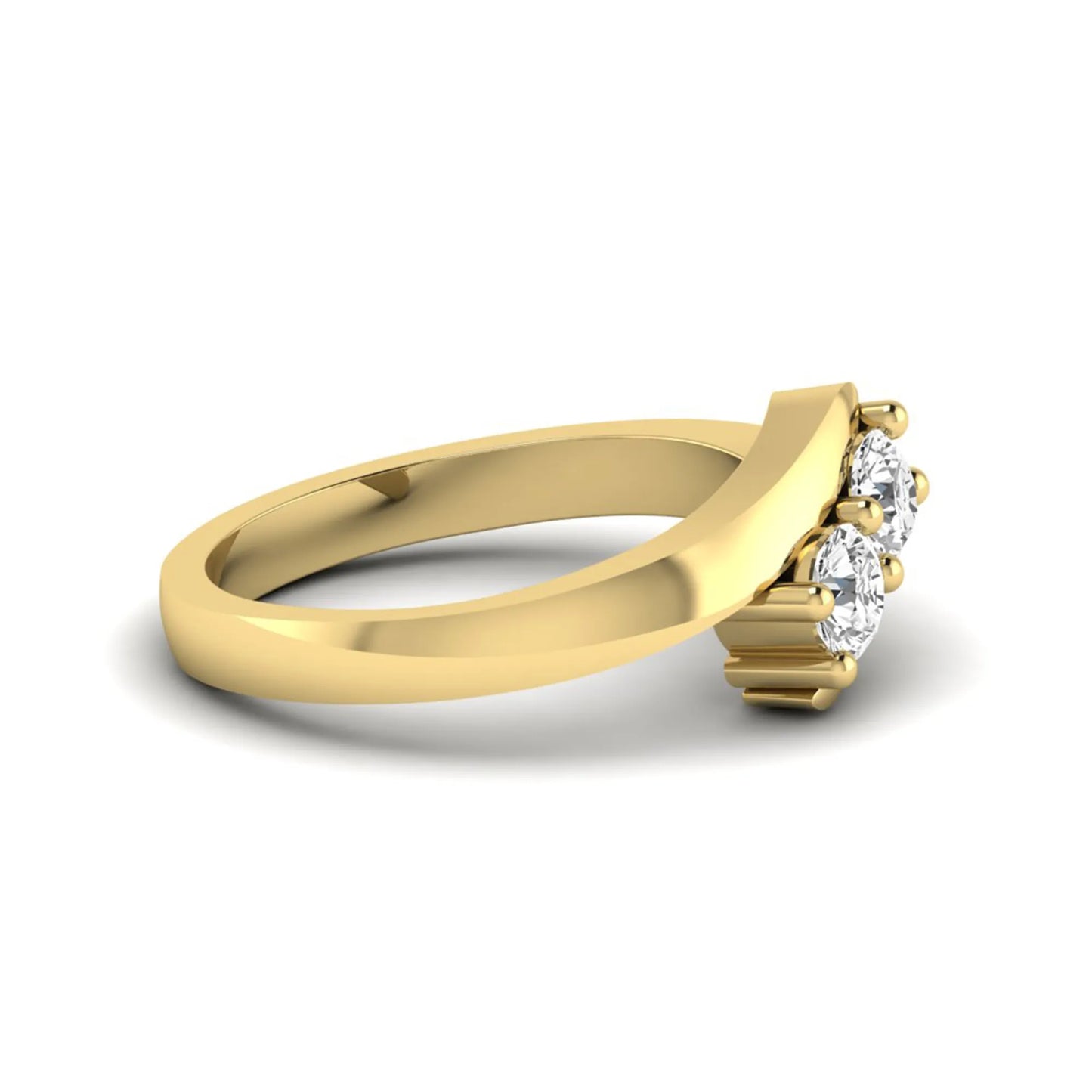 Two stone round cut lab grown diamond bypass ring featuring a graceful crossover yellow gold band