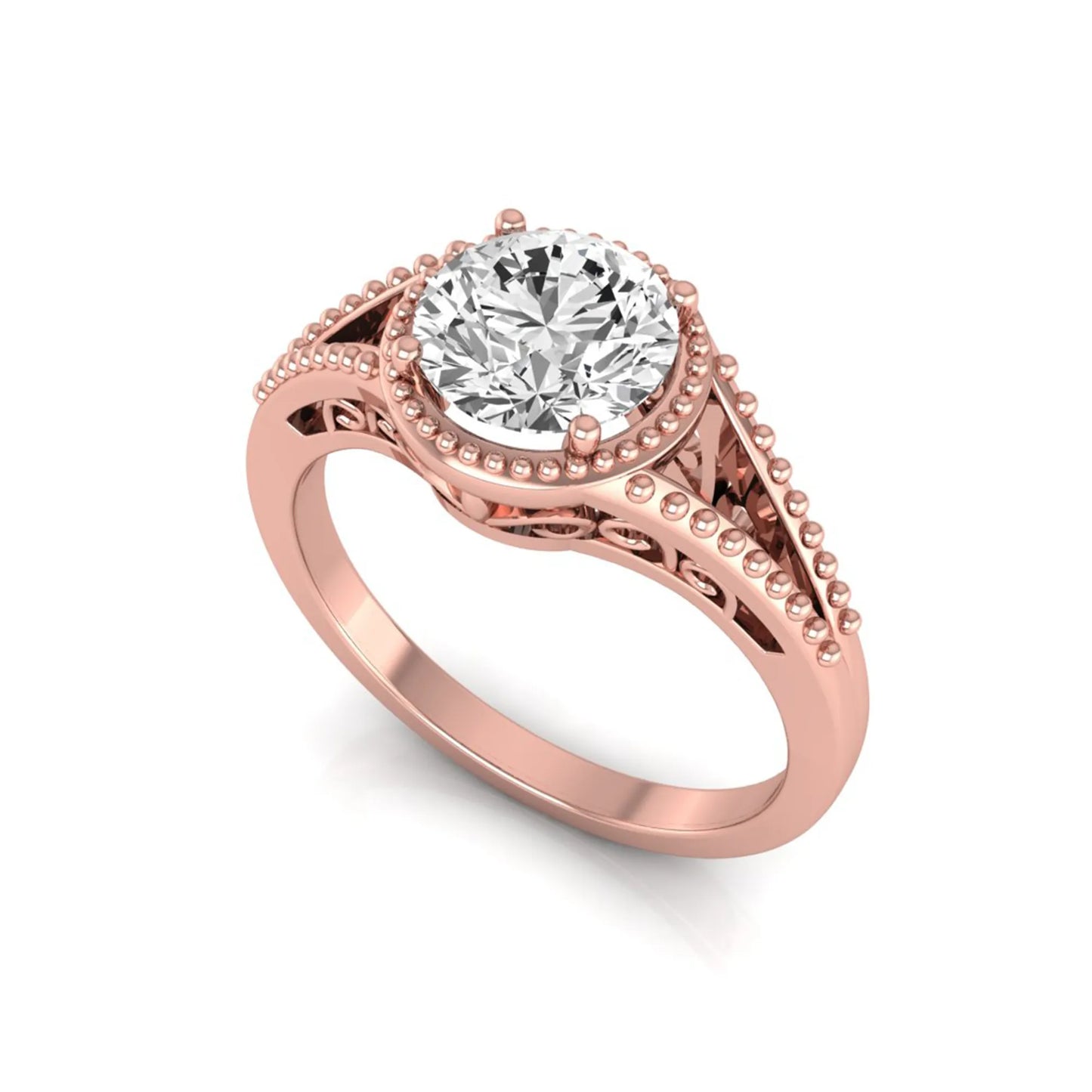 Vintage bezel round lab grown diamond engagement ring featuring a 2.04 carat IGI certified round brilliant diamond with intricate milgrain detailing in rose gold