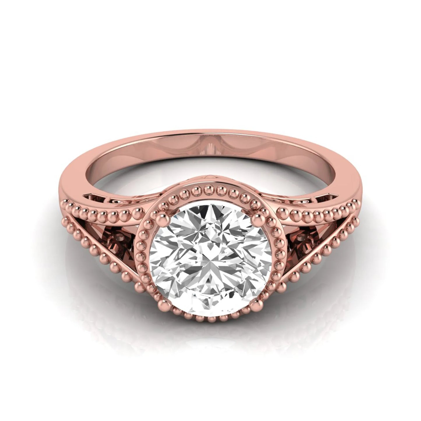 Vintage bezel round lab grown diamond engagement ring featuring a 2.04 carat IGI certified round brilliant diamond with intricate milgrain detailing in rose gold