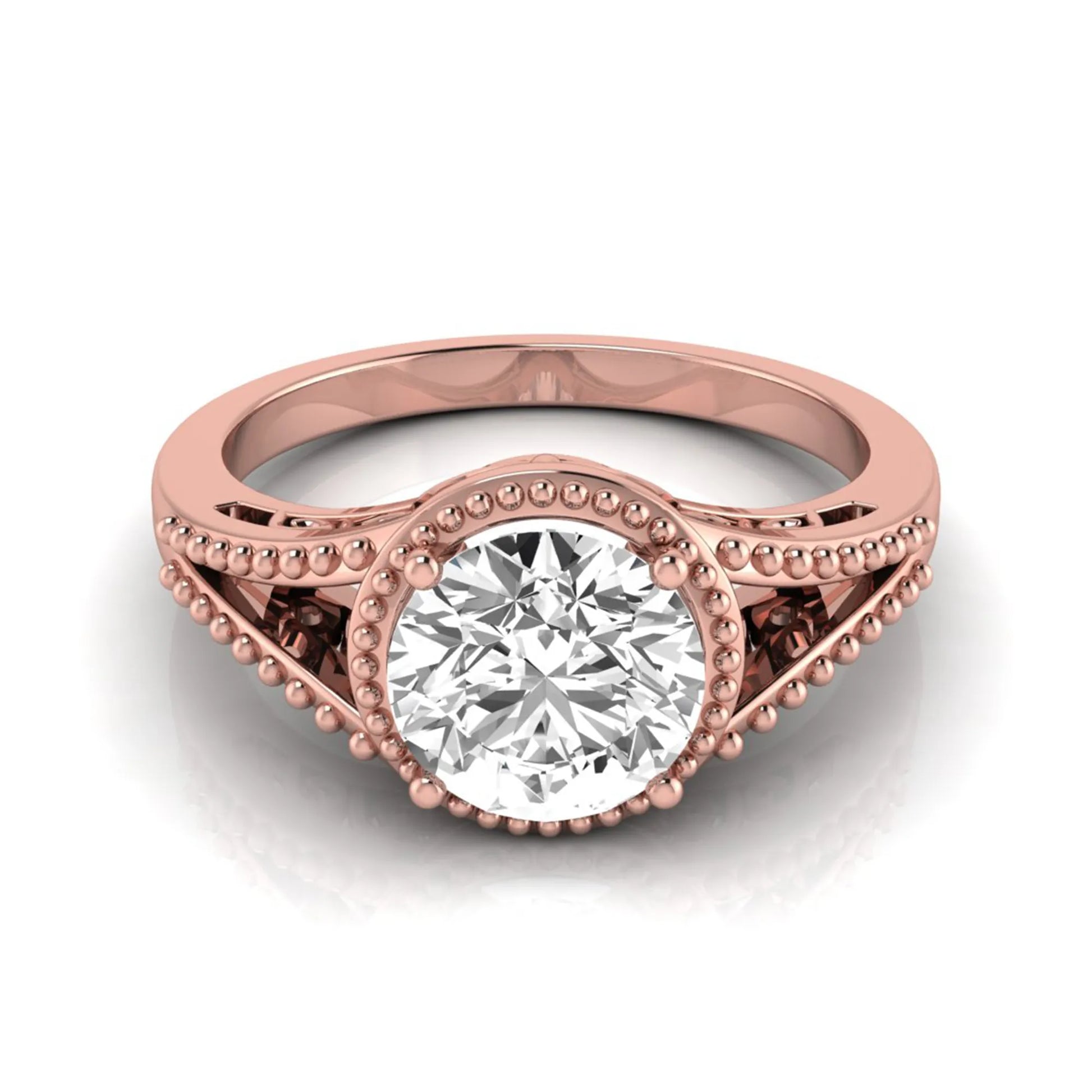 Vintage bezel round lab grown diamond engagement ring featuring a 2.04 carat IGI certified round brilliant diamond with intricate milgrain detailing in rose gold