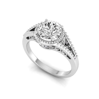 Vintage bezel round lab grown diamond engagement ring featuring a 2.04 carat IGI certified round brilliant diamond with intricate milgrain detailing in white gold