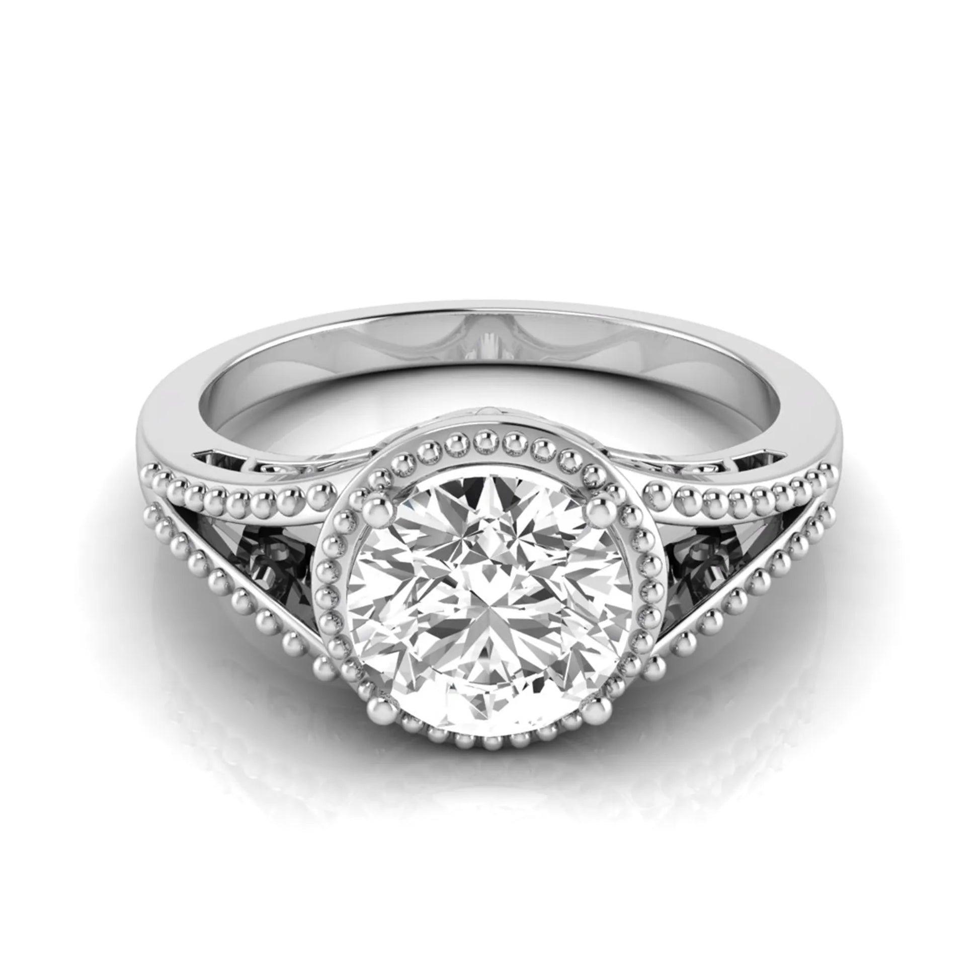 Vintage bezel round lab grown diamond engagement ring featuring a 2.04 carat IGI certified round brilliant diamond with intricate milgrain detailing in white gold