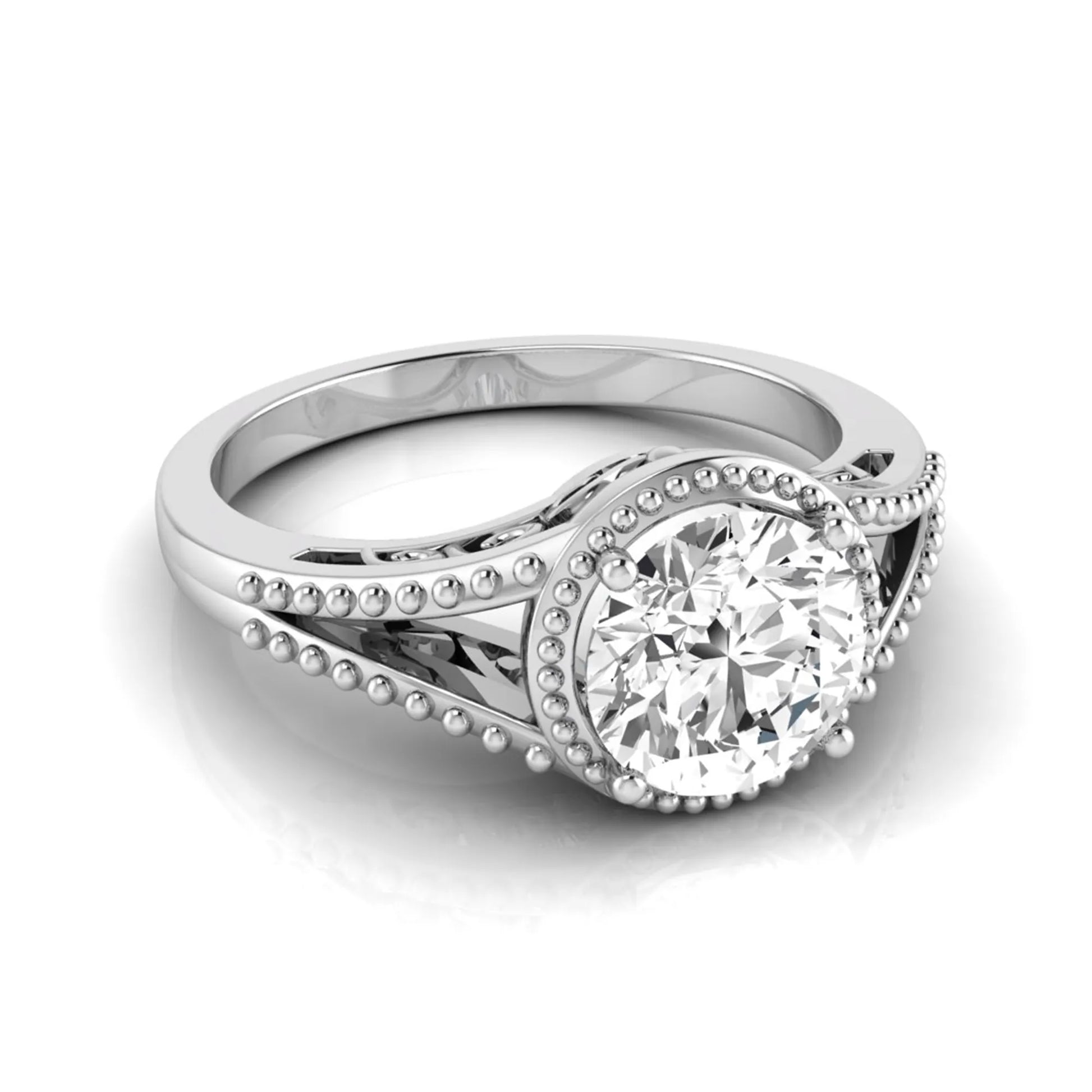 Vintage bezel round lab grown diamond engagement ring featuring a 2.04 carat IGI certified round brilliant diamond with intricate milgrain detailing in white gold