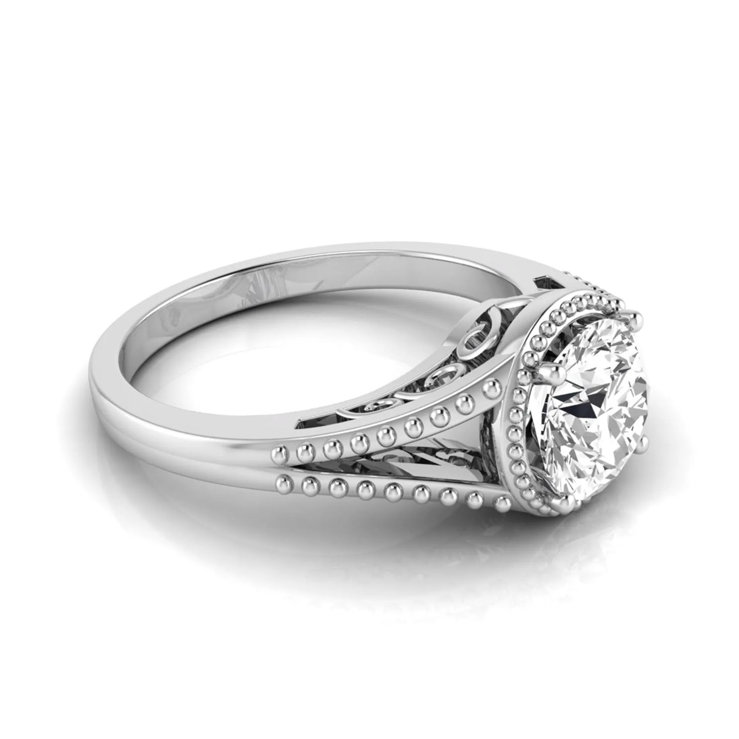 Vintage bezel round lab grown diamond engagement ring featuring a 2.04 carat IGI certified round brilliant diamond with intricate milgrain detailing in white gold