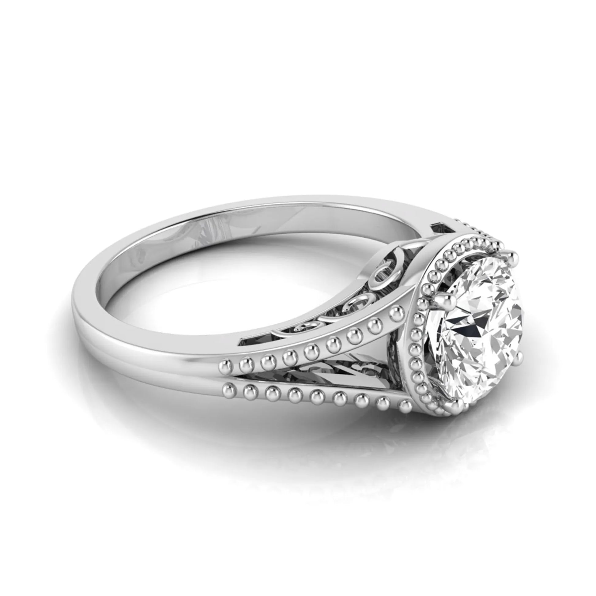 Vintage bezel round lab grown diamond engagement ring featuring a 2.04 carat IGI certified round brilliant diamond with intricate milgrain detailing in white gold