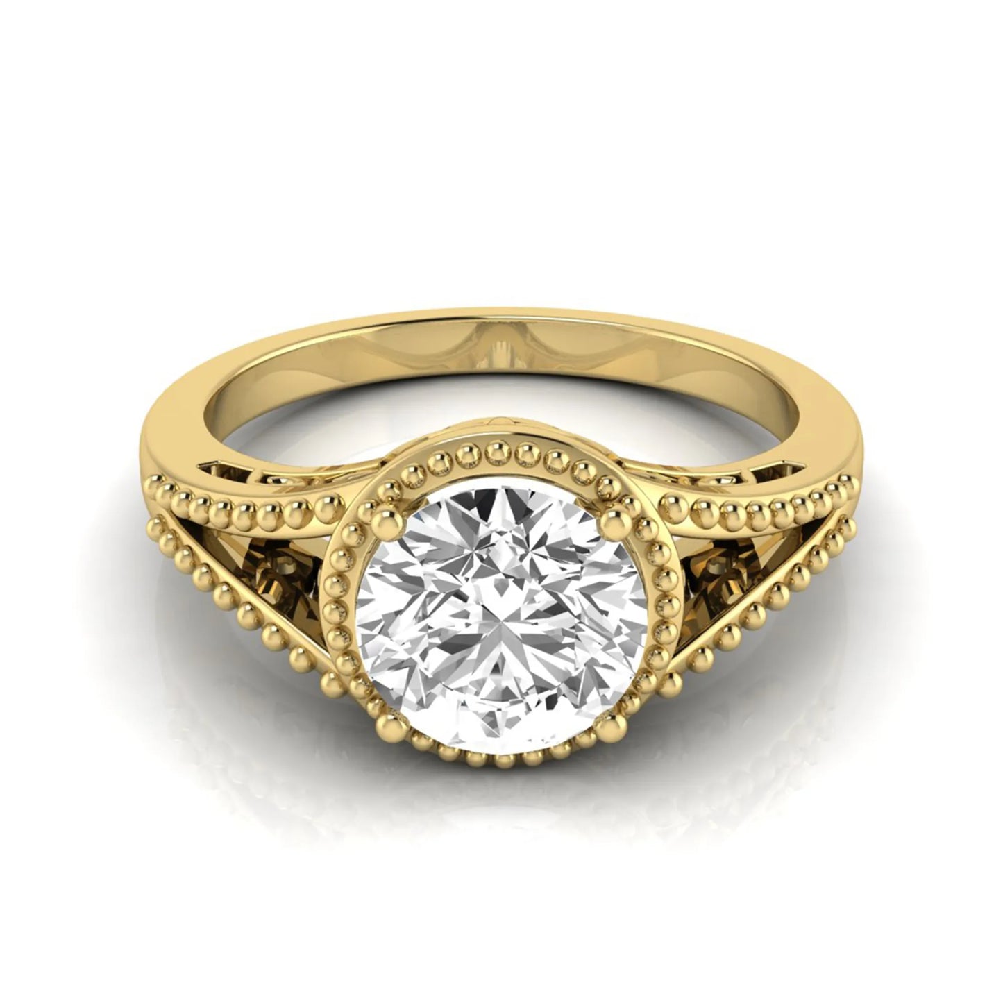 Vintage bezel round lab grown diamond engagement ring featuring a 2.04 carat IGI certified round brilliant diamond with intricate milgrain detailing in yellow gold