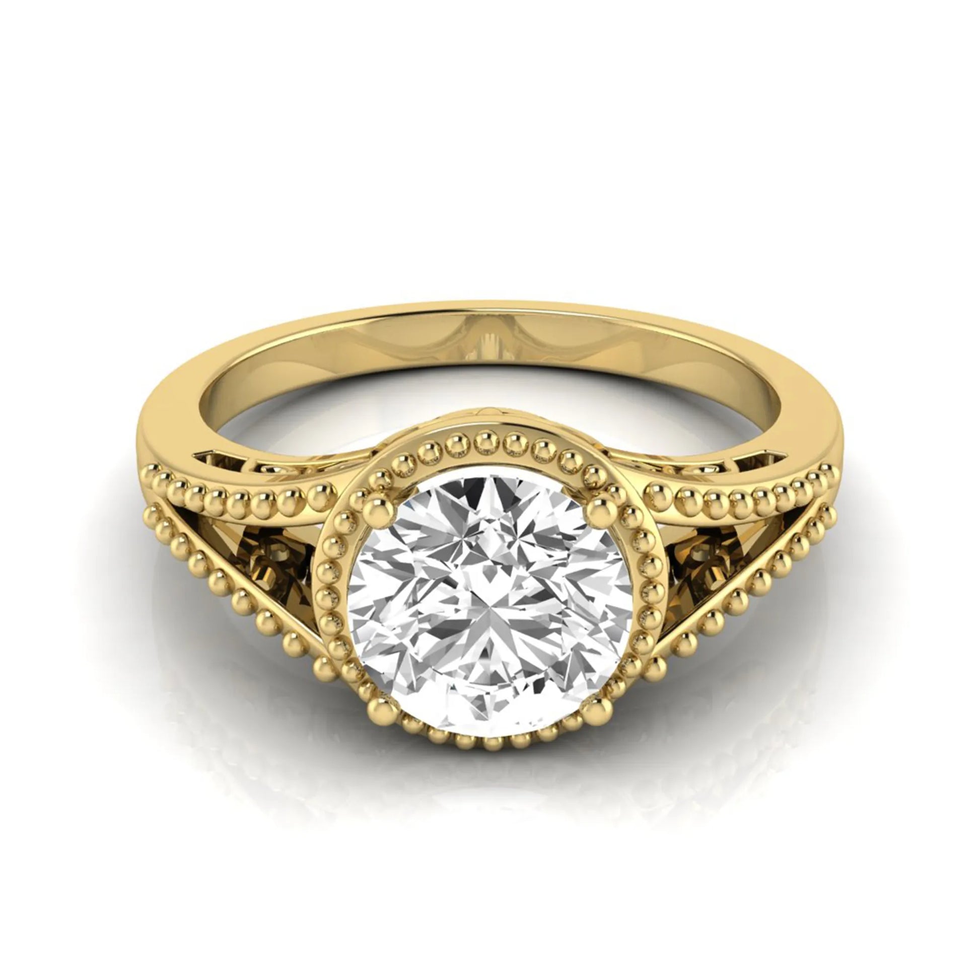 Vintage bezel round lab grown diamond engagement ring featuring a 2.04 carat IGI certified round brilliant diamond with intricate milgrain detailing in yellow gold
