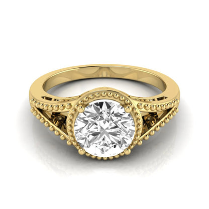 Vintage bezel round lab grown diamond engagement ring featuring a 2.04 carat IGI certified round brilliant diamond with intricate milgrain detailing in yellow gold