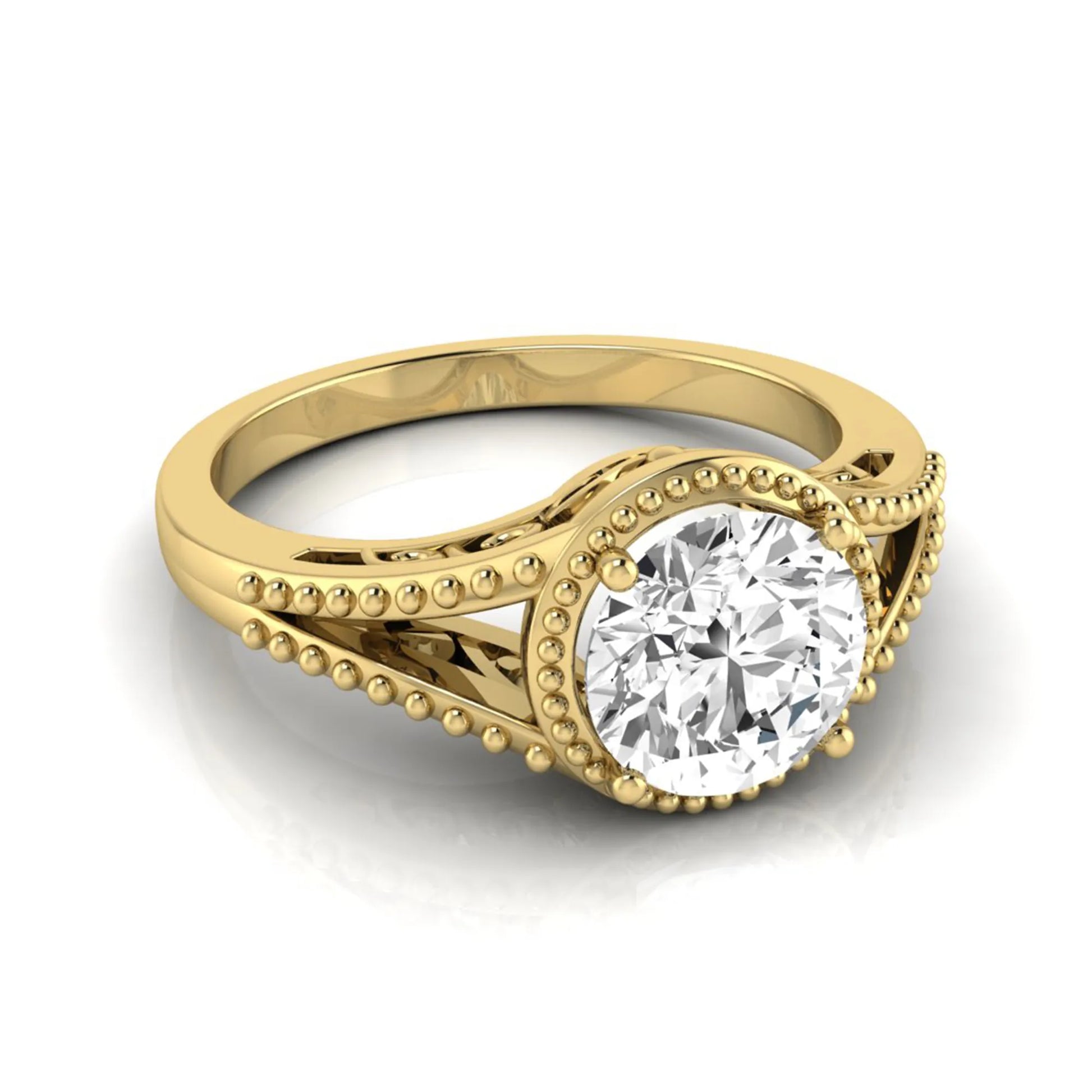 Vintage bezel round lab grown diamond engagement ring featuring a 2.04 carat IGI certified round brilliant diamond with intricate milgrain detailing in yellow gold