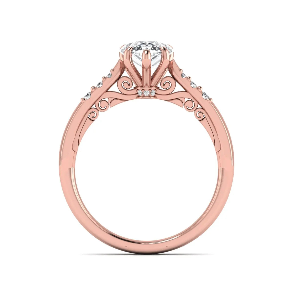 Vintage pear cut lab grown diamond engagement ring featuring an IGI certified center diamond, round diamond accents, and an ornate scroll gallery in rose gold.