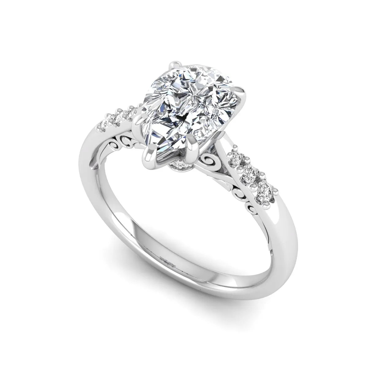 Vintage pear cut lab grown diamond engagement ring featuring an IGI certified center diamond, round diamond accents, and an ornate scroll gallery in white gold.