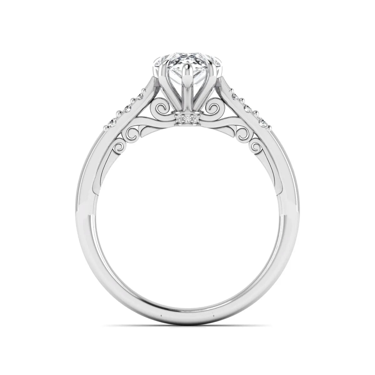 Vintage pear cut lab grown diamond engagement ring featuring an IGI certified center diamond, round diamond accents, and an ornate scroll gallery in white gold.