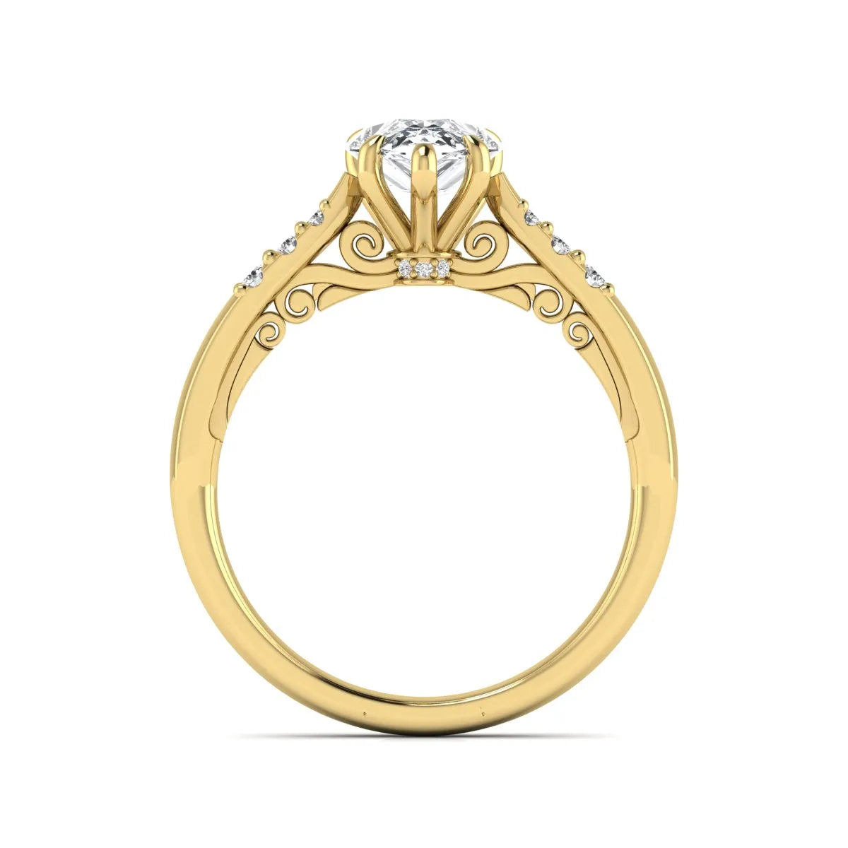 Vintage pear cut lab grown diamond engagement ring featuring an IGI certified center diamond, round diamond accents, and an ornate scroll gallery in yellow gold.