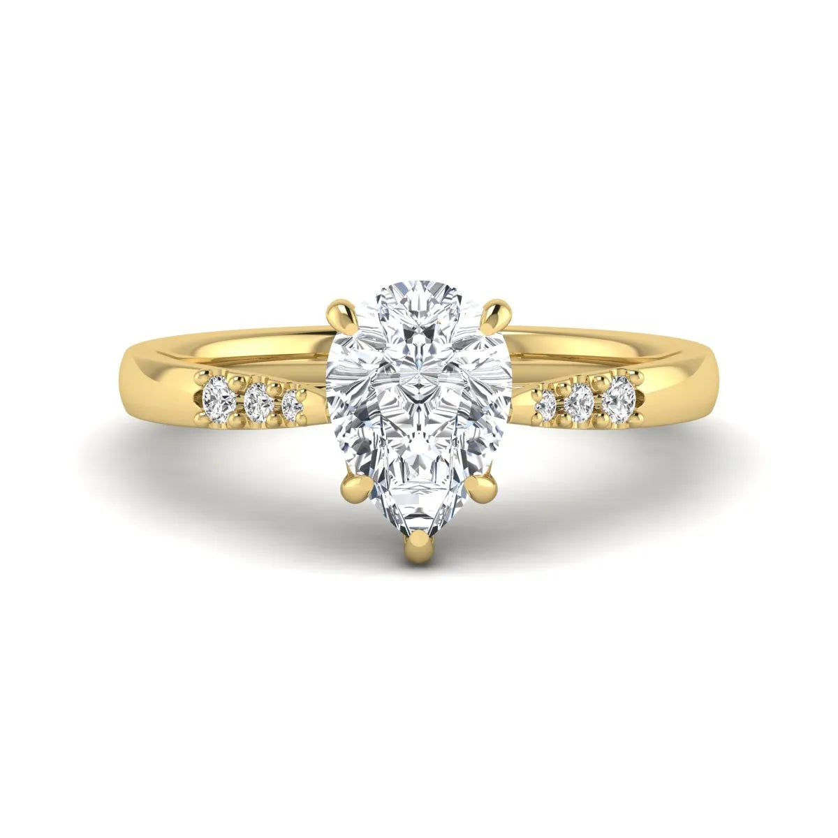 Vintage pear cut lab grown diamond engagement ring featuring an IGI certified center diamond, round diamond accents, and an ornate scroll gallery in yellow gold.