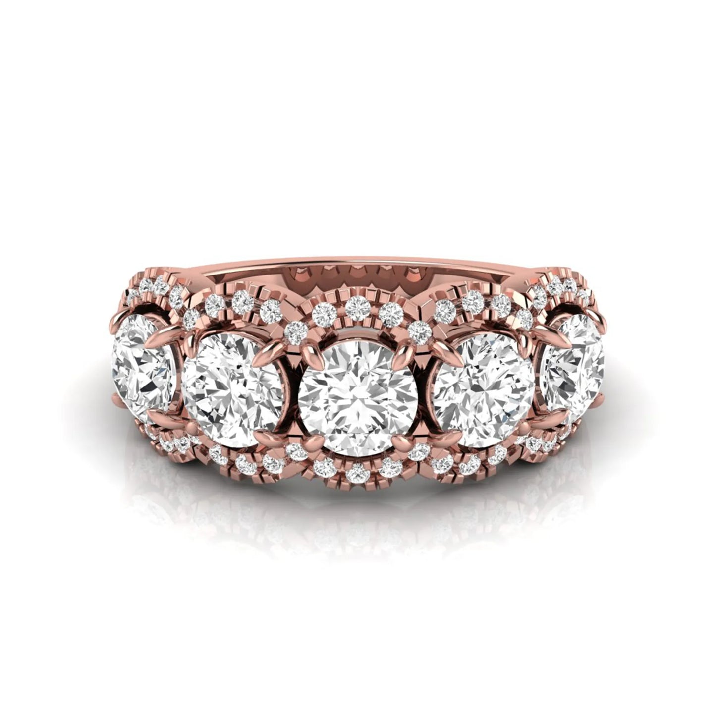 Vintage round lab grown diamond anniversary band featuring approximately 2.25 carats of round diamonds with intricate milgrain halo detailing in rose gold
