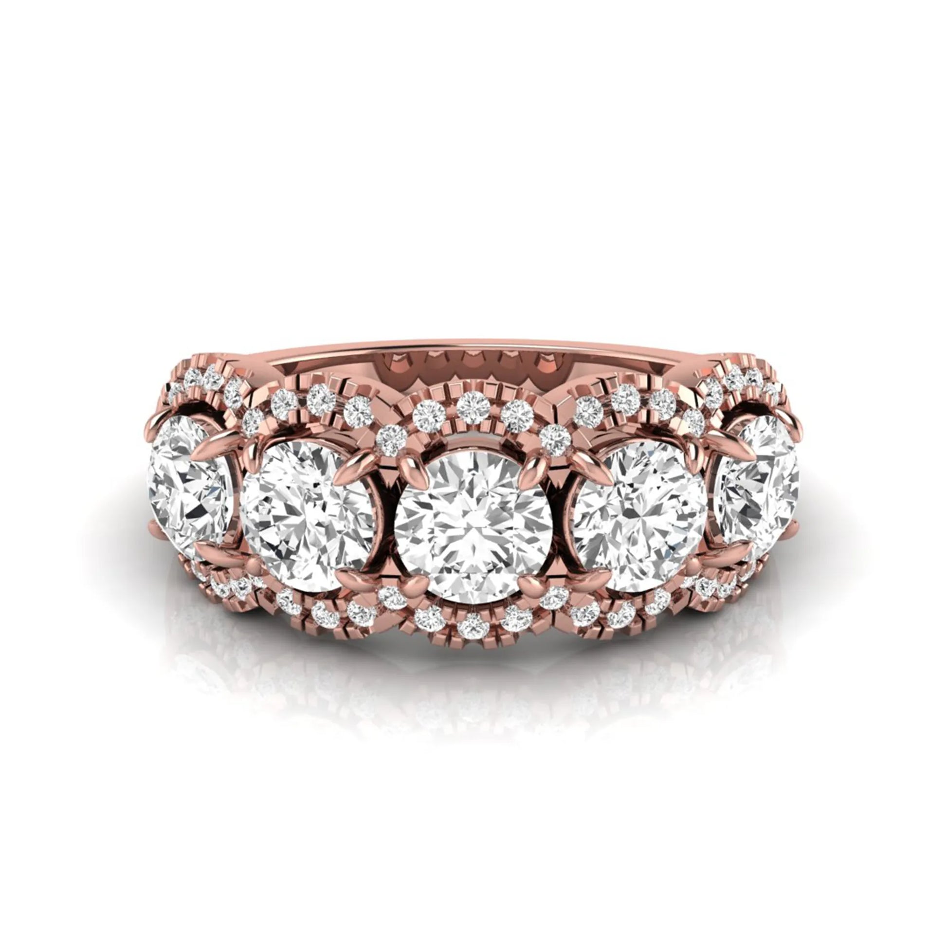 Vintage round lab grown diamond anniversary band featuring approximately 2.25 carats of round diamonds with intricate milgrain halo detailing in rose gold