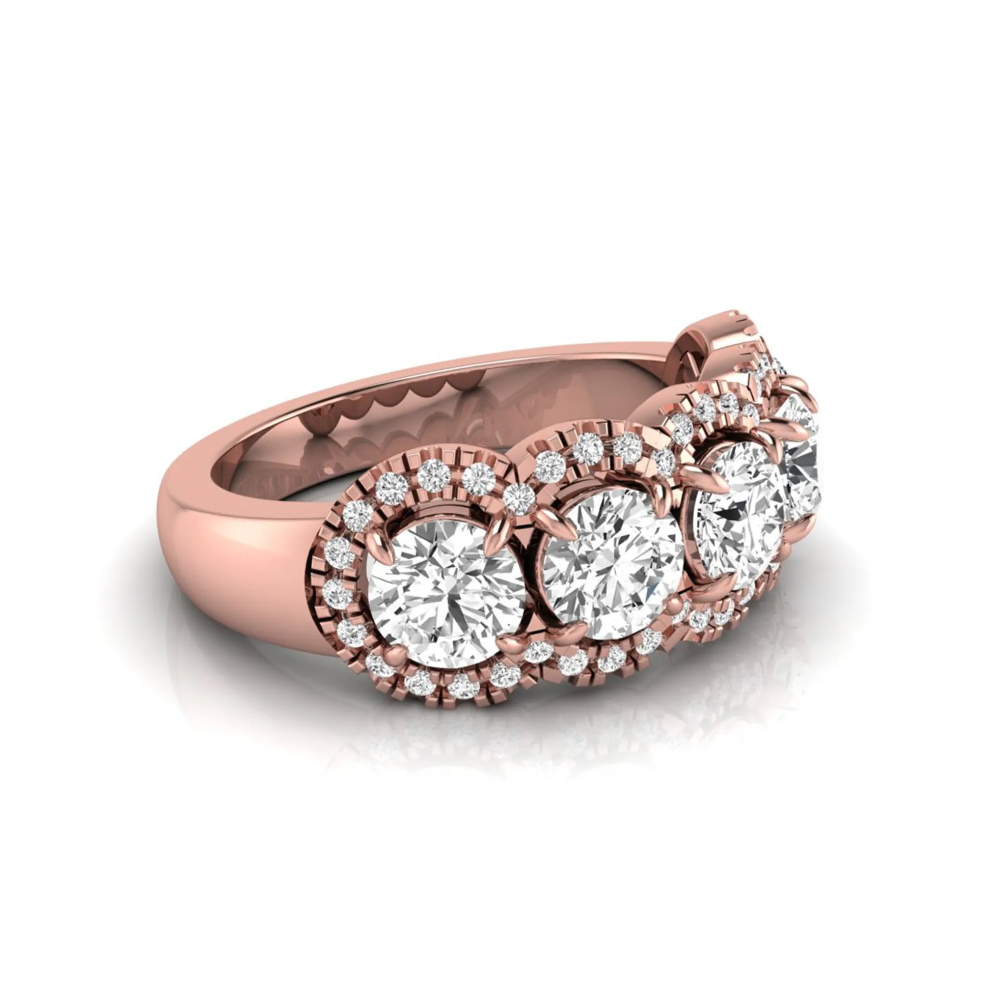 Vintage round lab grown diamond anniversary band featuring approximately 2.25 carats of round diamonds with intricate milgrain halo detailing in rose gold