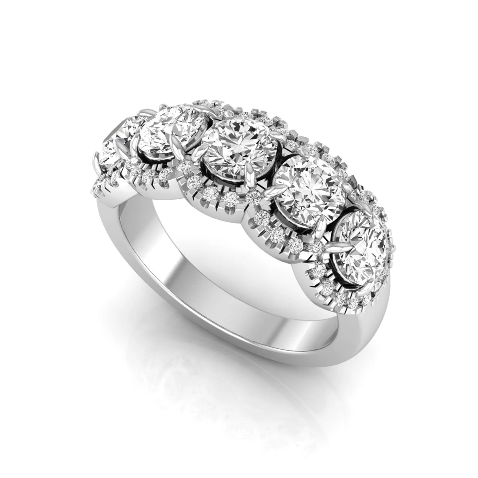 Vintage round lab grown diamond anniversary band featuring approximately 2.25 carats of round diamonds with intricate milgrain halo detailing in white gold