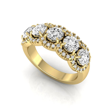 Vintage round lab grown diamond anniversary band featuring approximately 2.25 carats of round diamonds with intricate milgrain halo detailing in yellow gold