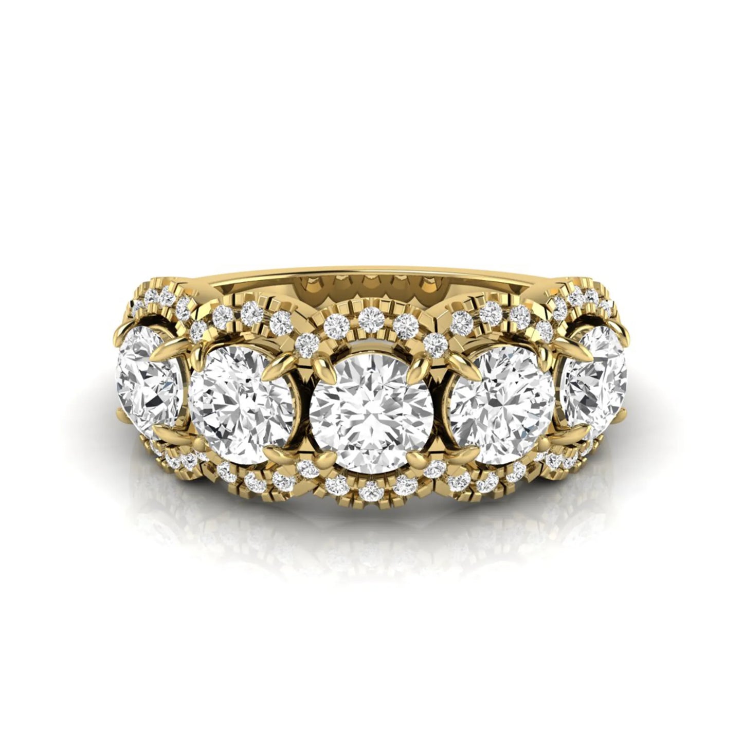 Vintage round lab grown diamond anniversary band featuring approximately 2.25 carats of round diamonds with intricate milgrain halo detailing in yellow gold