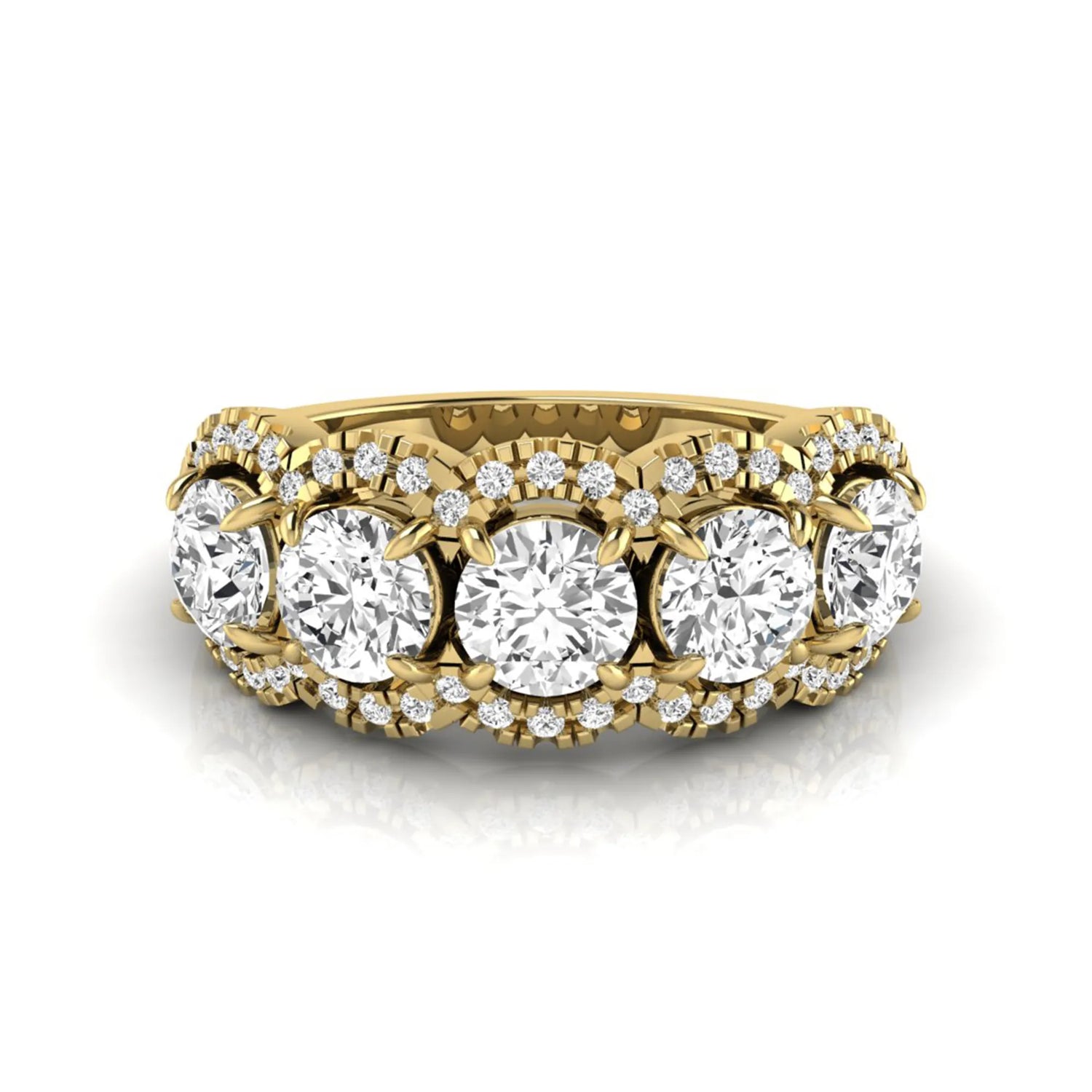 Vintage round lab grown diamond anniversary band featuring approximately 2.25 carats of round diamonds with intricate milgrain halo detailing in yellow gold