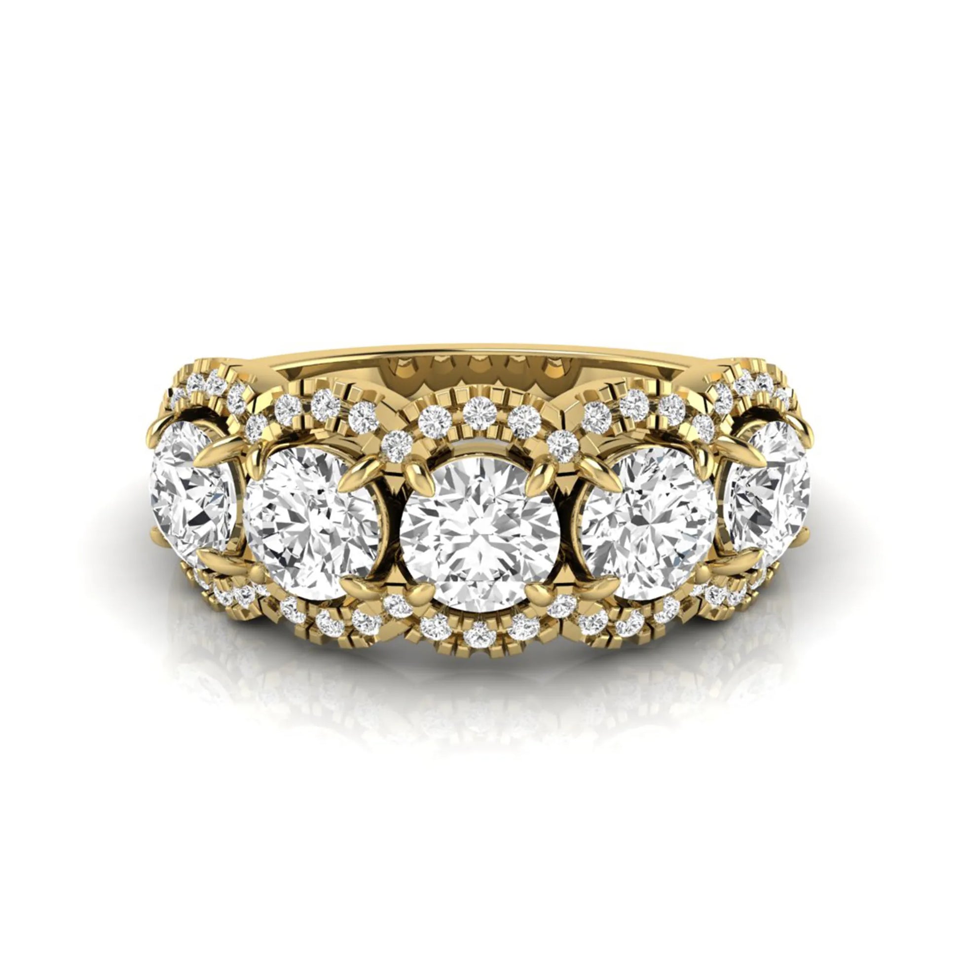 Vintage round lab grown diamond anniversary band featuring approximately 2.25 carats of round diamonds with intricate milgrain halo detailing in yellow gold