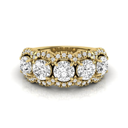 Vintage round lab grown diamond anniversary band featuring approximately 2.25 carats of round diamonds with intricate milgrain halo detailing in yellow gold
