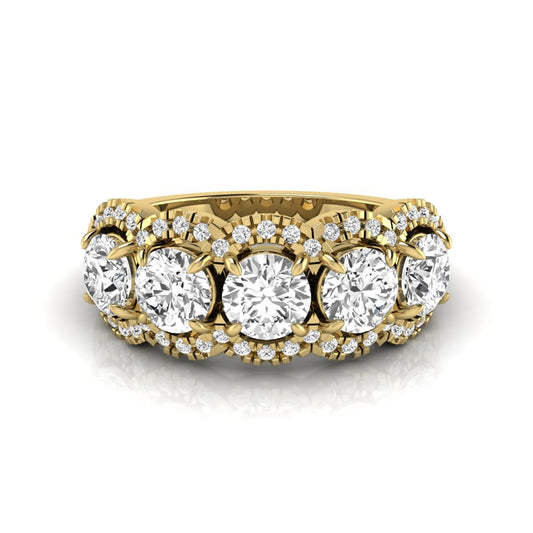 Vintage round lab grown diamond anniversary band featuring approximately 2.25 carats of round diamonds with intricate milgrain halo detailing in yellow gold