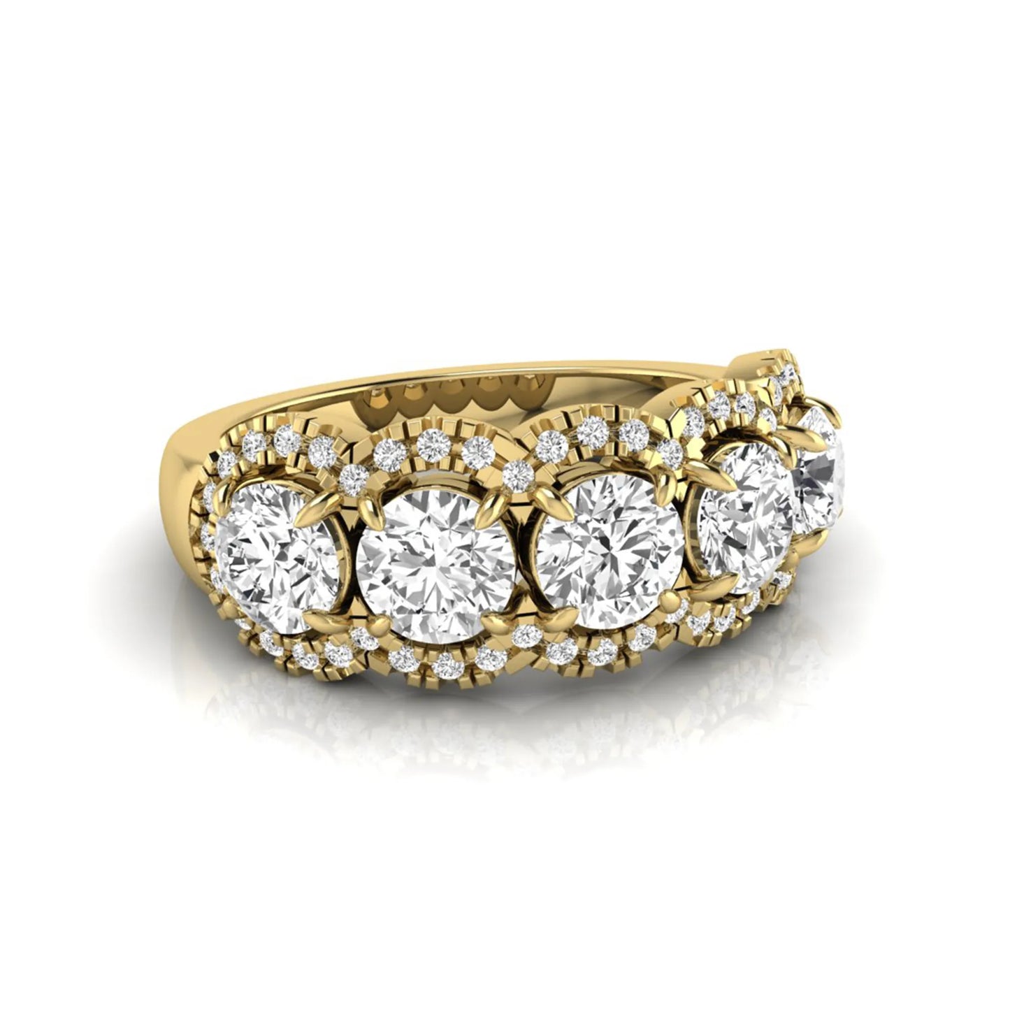 Vintage round lab grown diamond anniversary band featuring approximately 2.25 carats of round diamonds with intricate milgrain halo detailing in yellow gold