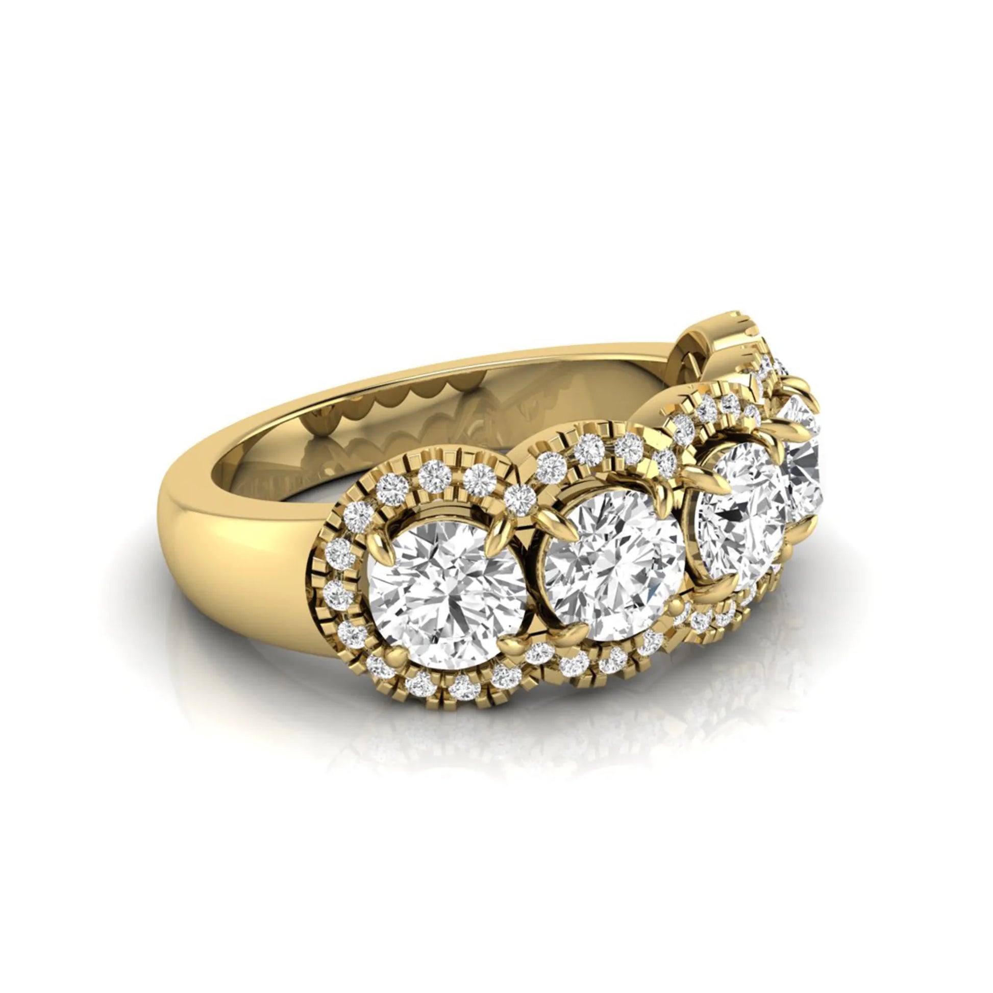Vintage round lab grown diamond anniversary band featuring approximately 2.25 carats of round diamonds with intricate milgrain halo detailing in yellow gold