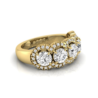 Vintage round lab grown diamond anniversary band featuring approximately 2.25 carats of round diamonds with intricate milgrain halo detailing in yellow gold