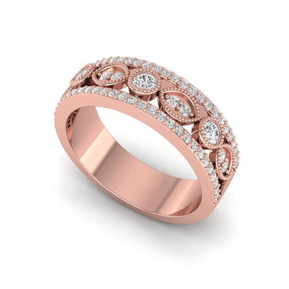Vintage round lab grown diamond eternity band with milgrain detailing, bezel-set motifs, and pavé diamond edges in rose gold