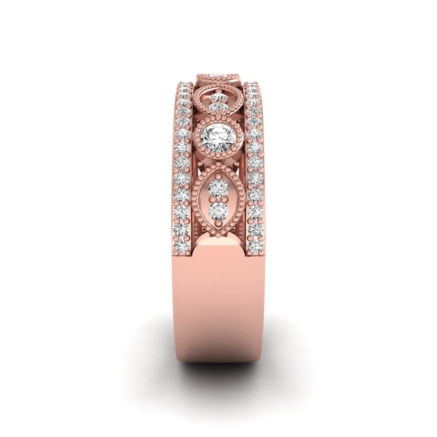 Vintage round lab grown diamond eternity band with milgrain detailing, bezel-set motifs, and pavé diamond edges in rose gold