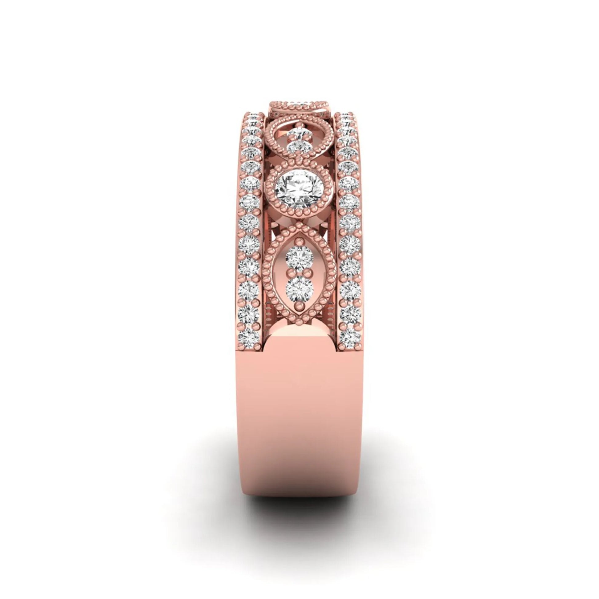 Vintage round lab grown diamond eternity band with milgrain detailing, bezel-set motifs, and pavé diamond edges in rose gold