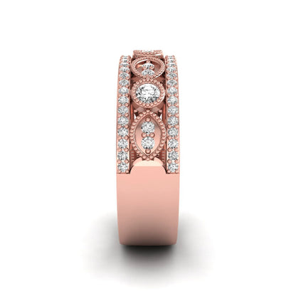 Vintage round lab grown diamond eternity band with milgrain detailing, bezel-set motifs, and pavé diamond edges in rose gold