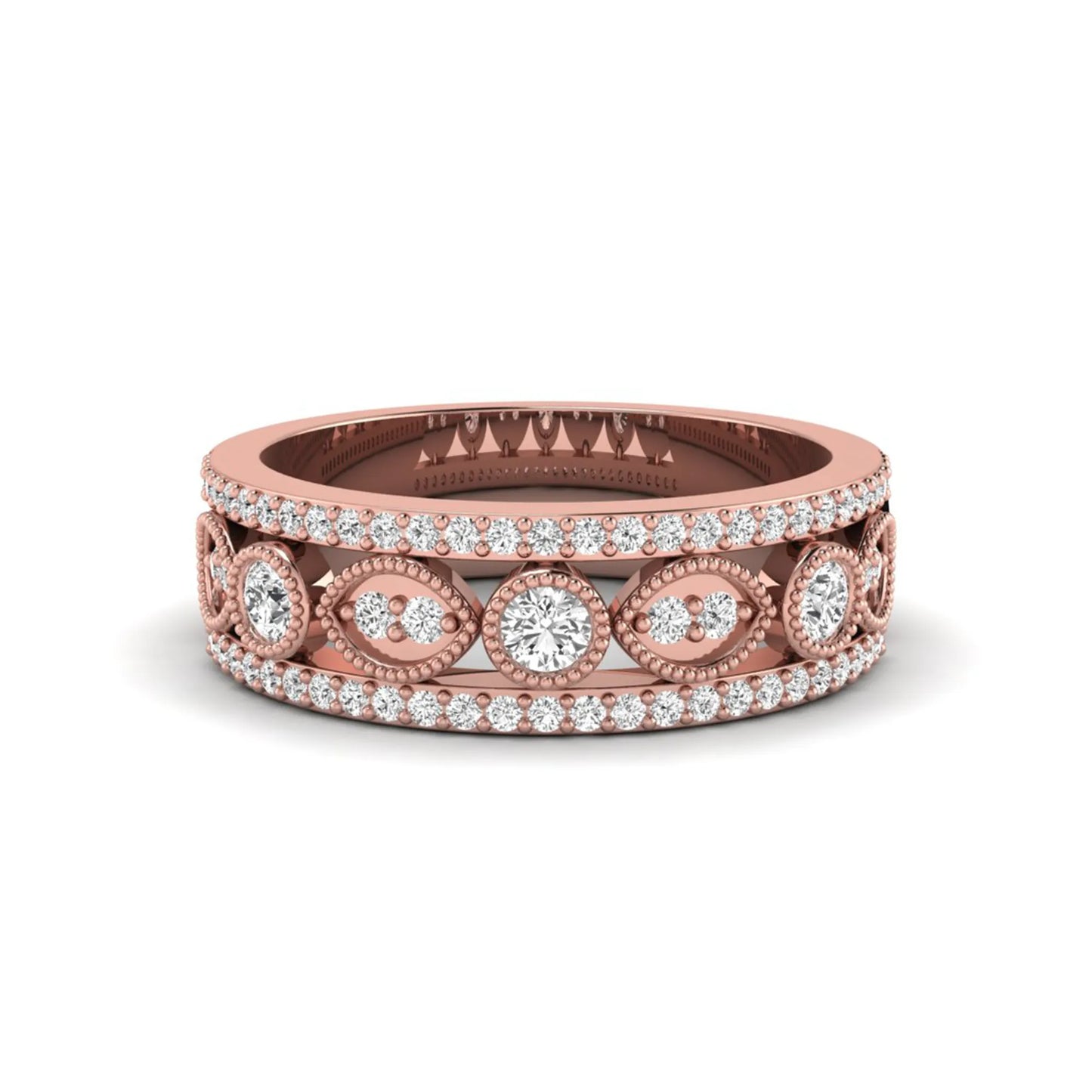 Vintage round lab grown diamond eternity band with milgrain detailing, bezel-set motifs, and pavé diamond edges in rose gold