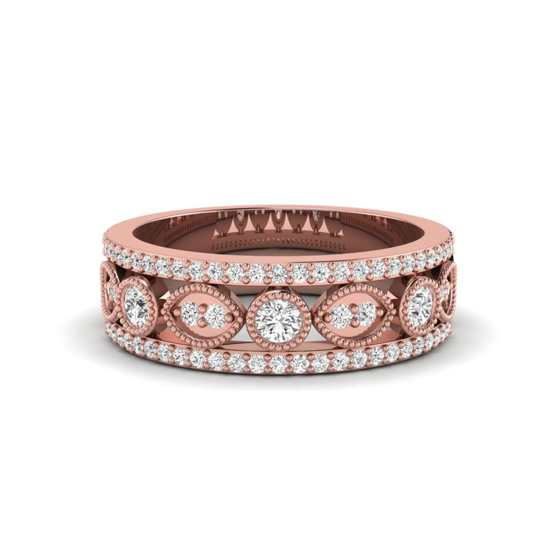 Vintage round lab grown diamond eternity band with milgrain detailing, bezel-set motifs, and pavé diamond edges in rose gold