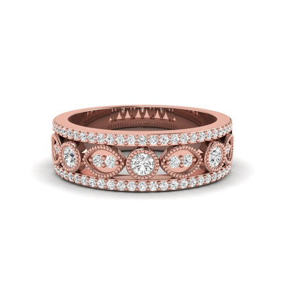 Vintage round lab grown diamond eternity band with milgrain detailing, bezel-set motifs, and pavé diamond edges in rose gold