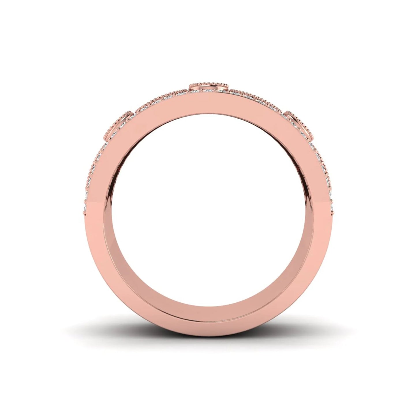 Vintage round lab grown diamond eternity band with milgrain detailing, bezel-set motifs, and pavé diamond edges in rose gold