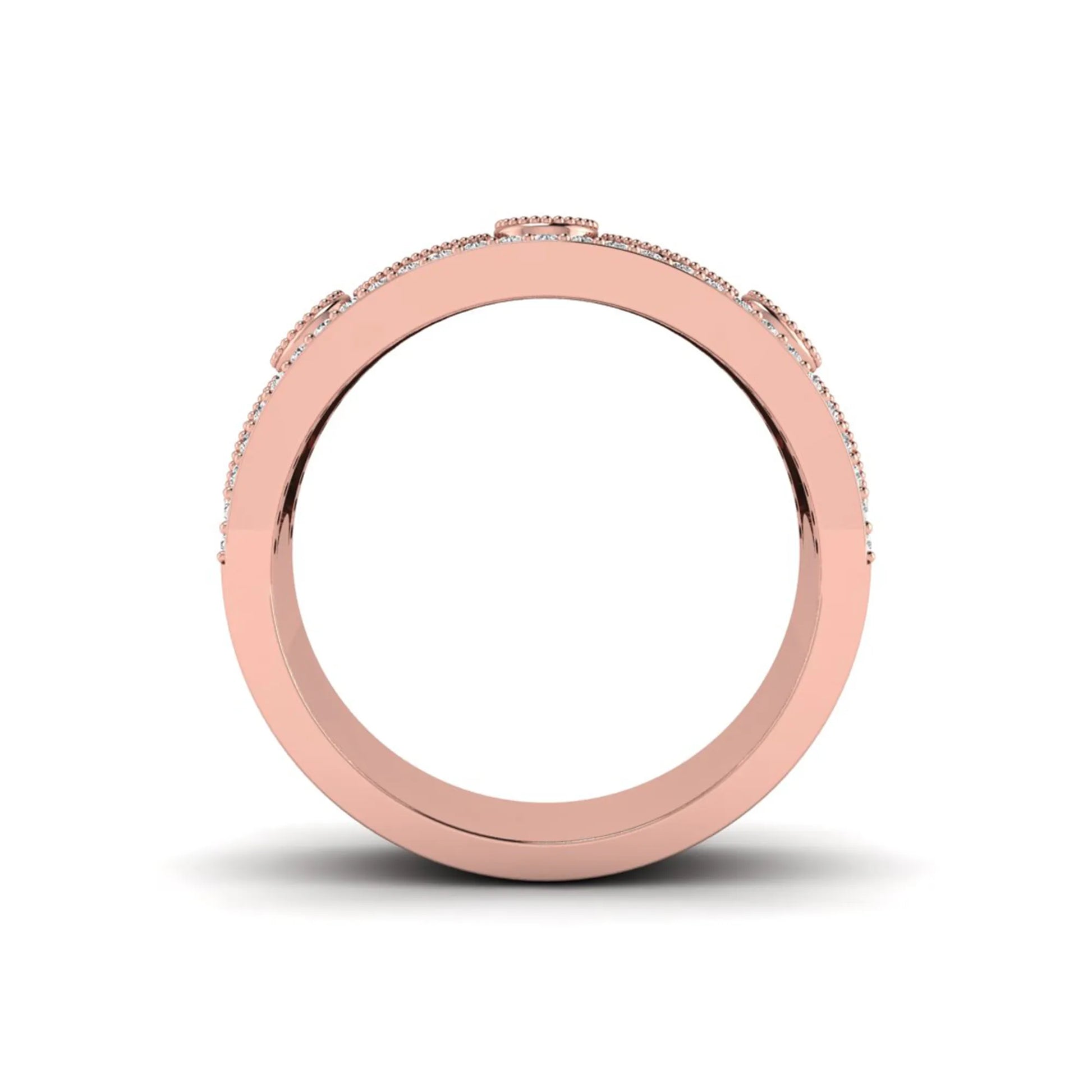Vintage round lab grown diamond eternity band with milgrain detailing, bezel-set motifs, and pavé diamond edges in rose gold