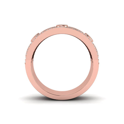 Vintage round lab grown diamond eternity band with milgrain detailing, bezel-set motifs, and pavé diamond edges in rose gold