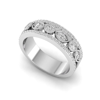 Vintage round lab grown diamond eternity band with milgrain detailing, bezel-set motifs, and pavé diamond edges in white gold