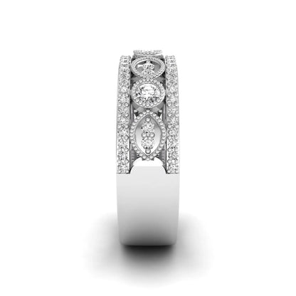 Vintage round lab grown diamond eternity band with milgrain detailing, bezel-set motifs, and pavé diamond edges in white gold