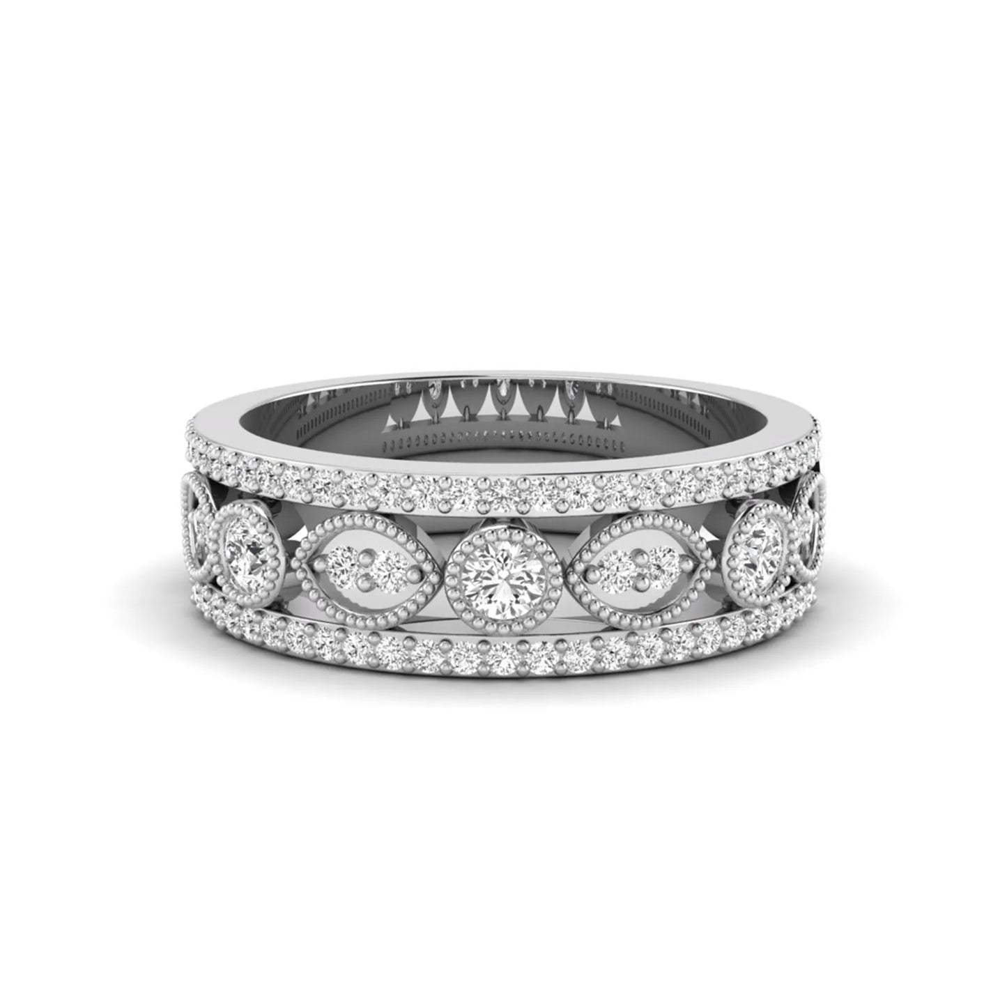 Vintage round lab grown diamond eternity band with milgrain detailing, bezel-set motifs, and pavé diamond edges in white gold
