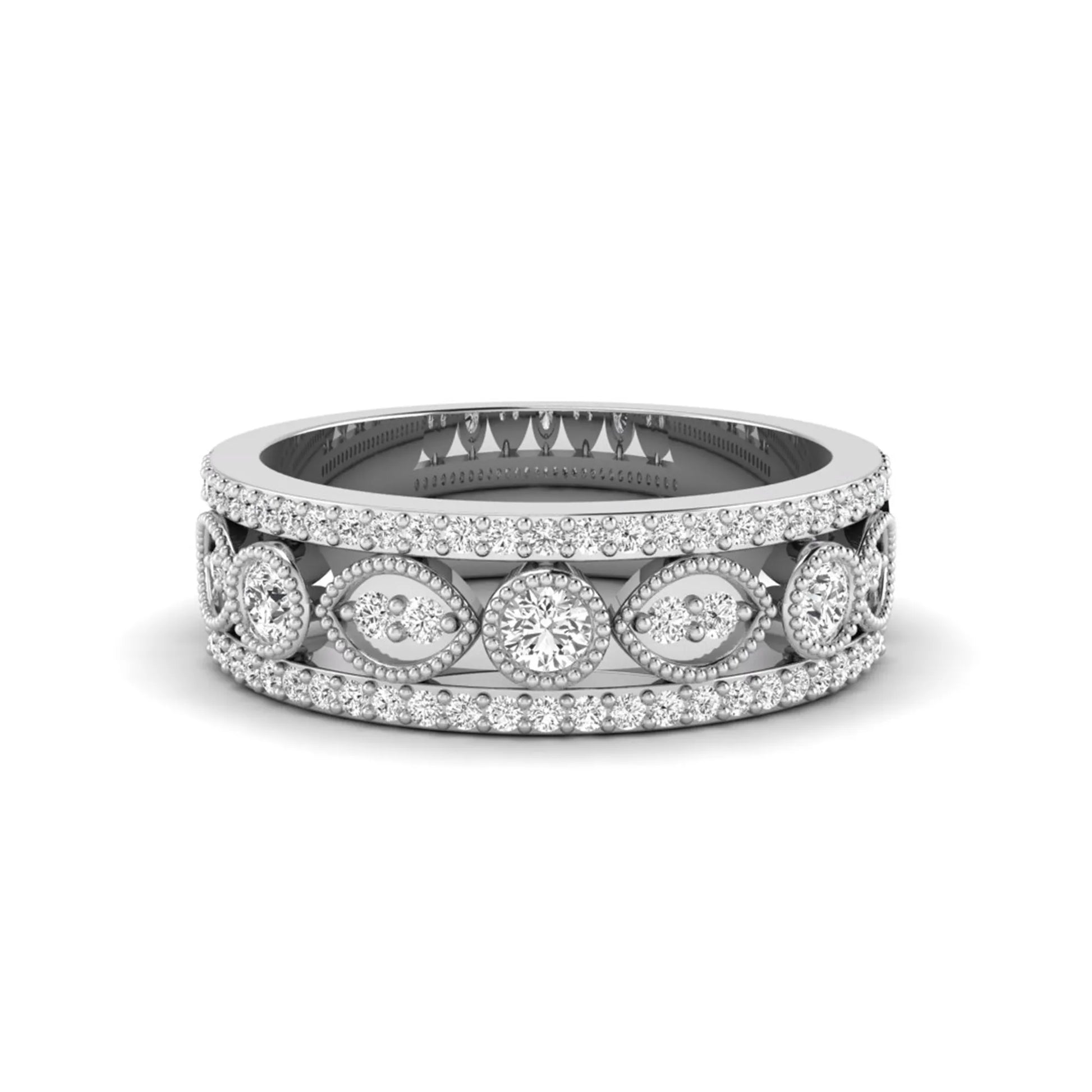 Vintage round lab grown diamond eternity band with milgrain detailing, bezel-set motifs, and pavé diamond edges in white gold
