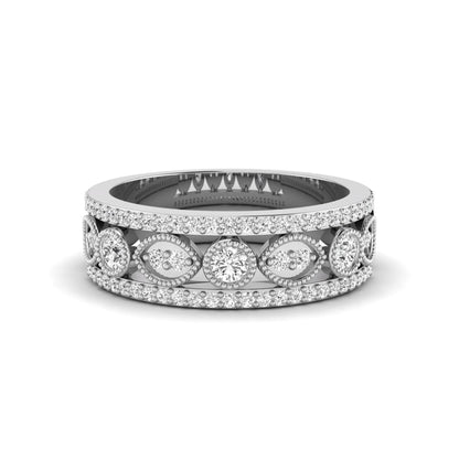 Vintage round lab grown diamond eternity band with milgrain detailing, bezel-set motifs, and pavé diamond edges in white gold